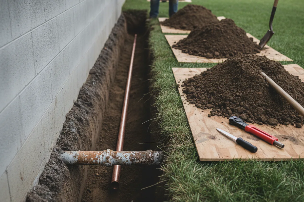 Excavated water line trench during Sewer Line Repair in North Grosvenordale